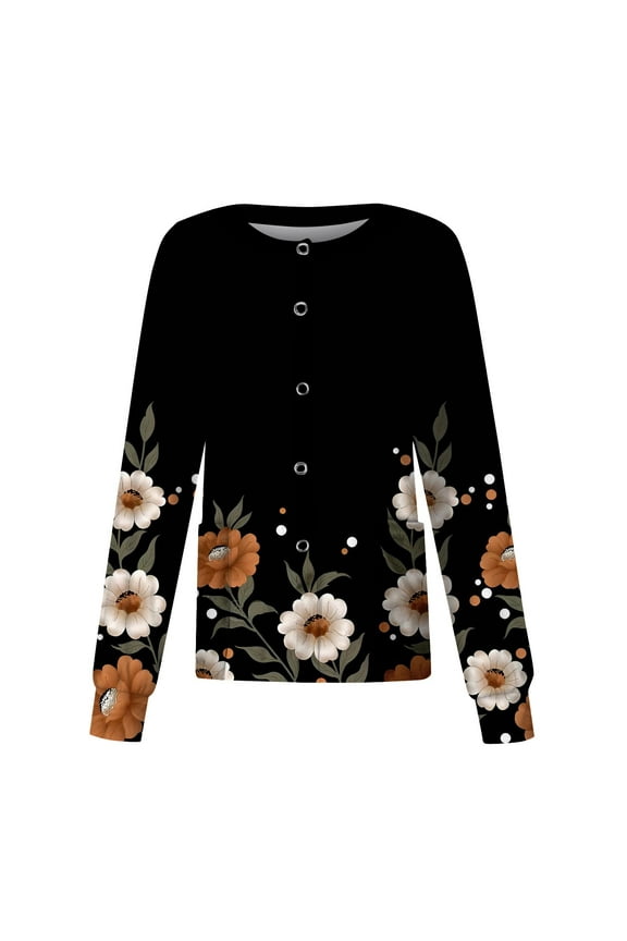 Women's Long Sleeve Button Scrub Tops Floral Print Comfy Scrubs Jacket Top Nurse Working Uniform with Pockets