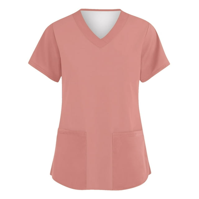 ADSSDQ Scrub Tops for Women Women's Scrub Tops Solid Basic V Neck T Shirts Stretchy Nursing Uniform Tops with Pockets Pink L