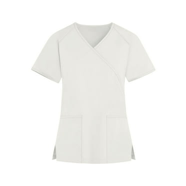 ADSSDQ Scrubs for Women Short Sleeve V-Neck Scrub Top,Side Split Stretch Nurse Shirt,Solid Easy Care Working Uniform Nursing Uniforms w/Pockets White S