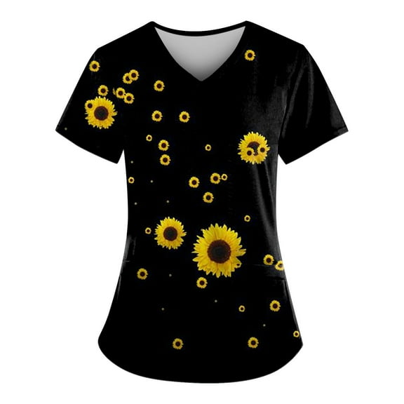 ADSSDQ Scrubs for Women Sunflower Scrubs for Women Set Scrub Jackets for Women Scrub Tshirts Shirts for Women V Neck Nurse Uniform with Pockets Black 4XL