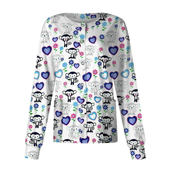 ADSSDQ Scrubs for Women Tops Casual Crewneck Long Sleeve Scrub Jackets Stretchy Snap Front Cardigan Top Cute Cute Animal Heart Print Nursing Pocketed Working Uniform
