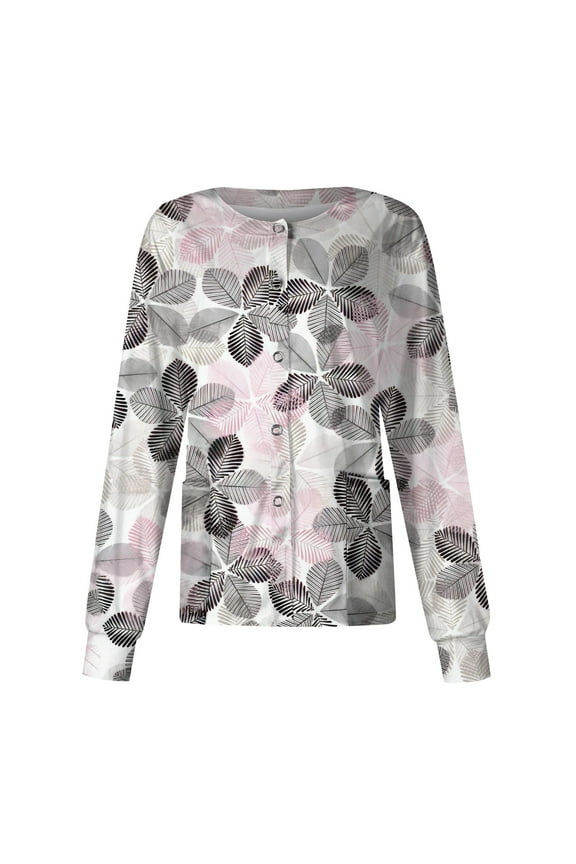 Scrubs for Women Tops Casual Crewneck Long Sleeve Scrub Jackets Stretchy Snap Front Cardigan Top Cute Floral Print Nursing Pocketed Working Uniform