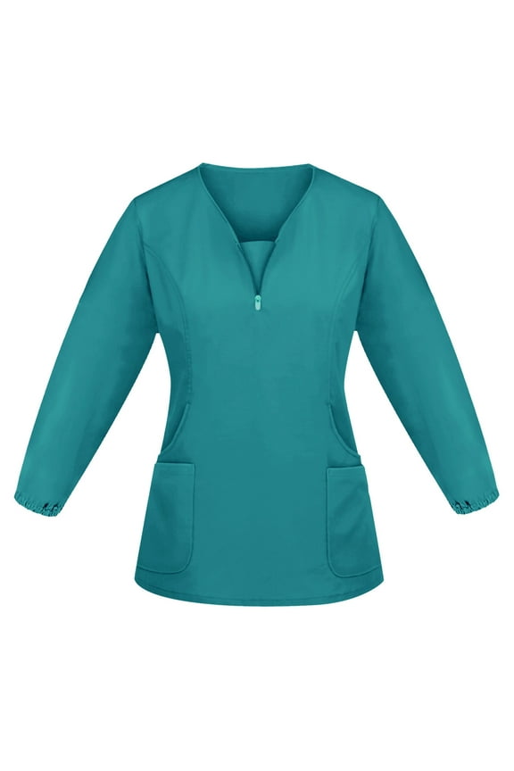 Scrubs for Women Scrub Tops Casual Zipper V-Neck Long Sleeve Scrub Top Stretchy Nursing Pocketed Nurse Working Uniforms