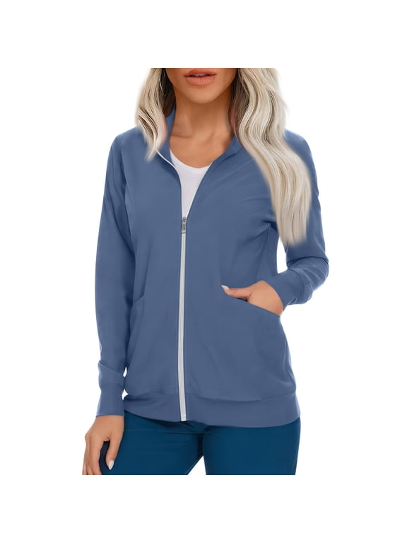 Scrubs for Women Solid Color Medical Uniform Scrub Tops Zipper Long Sleeve Plus Size Stretch Nursing Scrub Jacket Tops