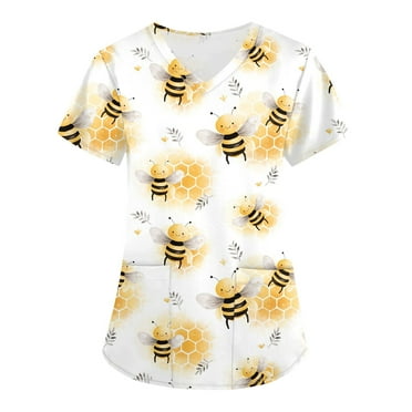 ADSSDQ Scrubs for Women V-Neck Cute Printed Scrub Tops Soft Nurse Uniforms Shirts 图案 Graphic Tees with Pockets Beige L