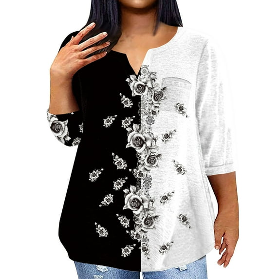 ADSSDQ Shirts For Women Plus Size With Pocket 3/4 Sleeve Womens Dressy Tops Loose Casual Boho Floral V Neck Elbow Length Summer Blouses Tshirts Shirts Fall Clothes White 5XL