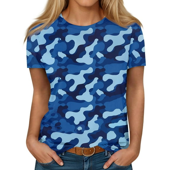 ADSSDQ Short Sleeve Blouses For Women Casual Summer Cute Tops Hawaiian Shirt O-Neck Trendy Camouflage Womens Graphic Tees Vintage Fall Sweatshirts Dark Blue L