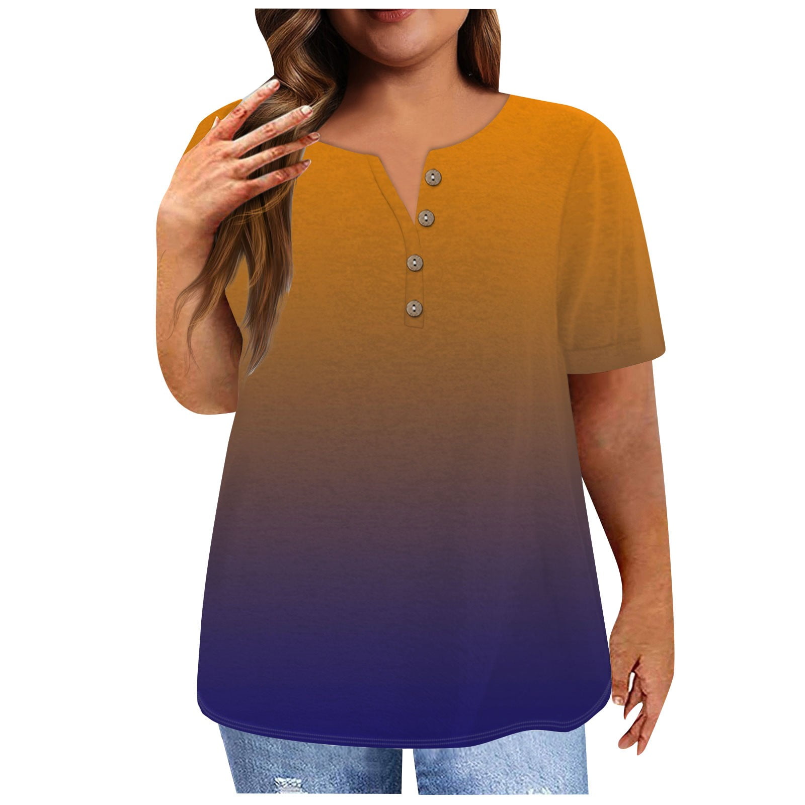 ADSSDQ Short Sleeve Plus Size Tops For Women Summer Button Down V Neck