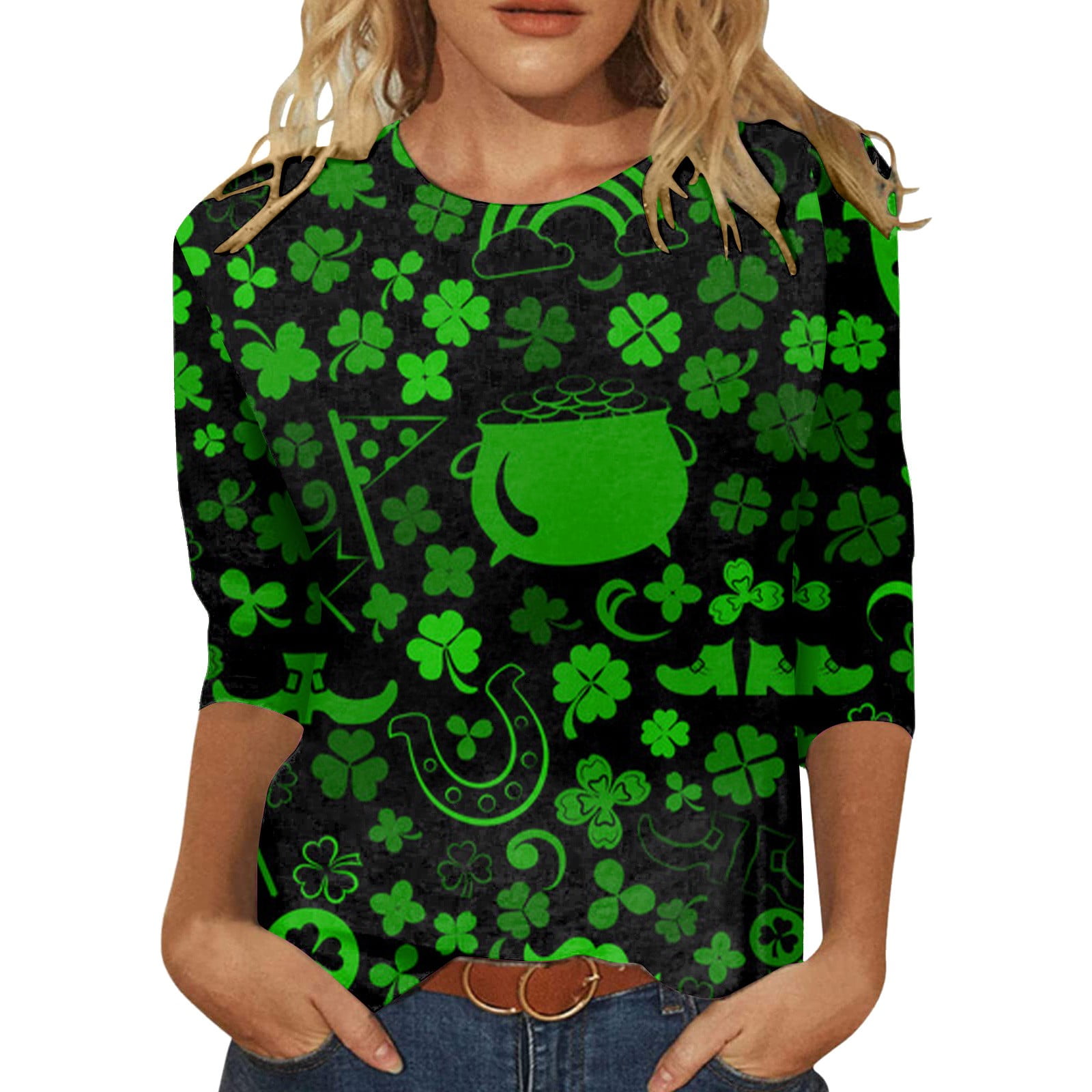 BDPORKAS Women's St Patrick's Day T-Shirt Lucky Irish Shamrock Long Sleeve Paddy S Day Graphic Tees Tops
