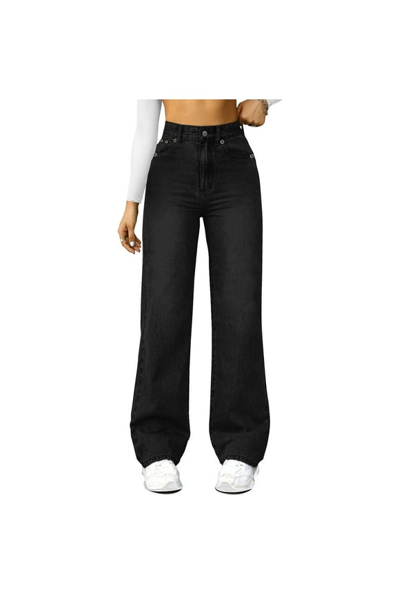 Straight Leg Jeans for Women High Waisted Stretchy Wide Leg Boyfriend Jeans Denim Pants Casual Baggy Jeans with Pockets Black 2XL