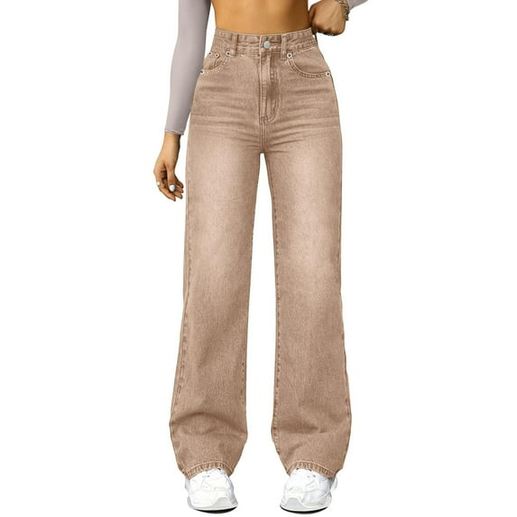 ADSSDQ Straight Leg Jeans for Women High Waisted Stretchy Wide Leg Boyfriend Jeans Denim Pants Casual Baggy Jeans with Pockets Khaki 2XL