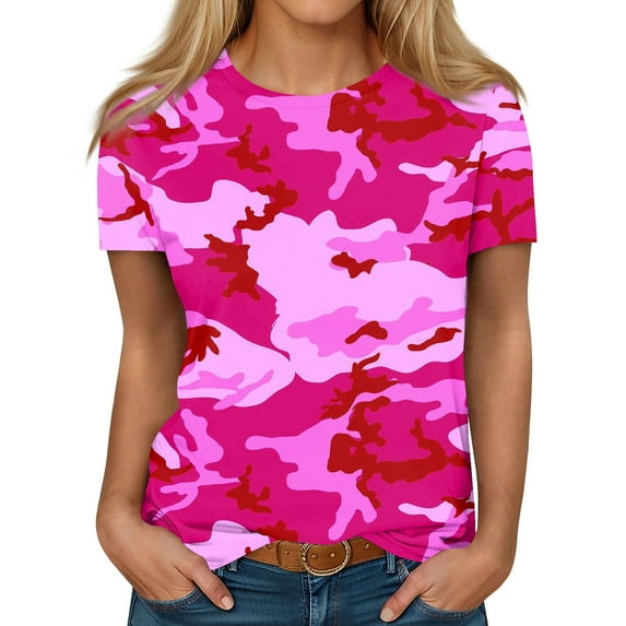 ADSSDQ Summer Shirts For Women 2024 Athletic Tops O-Neck Flowy Casual Cotton Tunic Tops Spring Camo Pattern Tee Shirt Tops Short Sleeve Plus Size Maternity Clothes Hot Pink M
