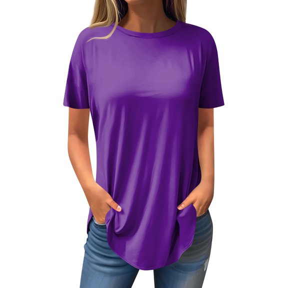 ADSSDQ Summer Tops for Teens Short Sleeve O-Neck Cute Shirts Curved Hem Tunics Spring Y2K Solid Color Trendy Flowy Sweatshirts Clothes Dark Purple M