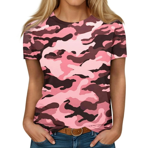 ADSSDQ Summer Work Tops For Women Short Sleeve Cute Y2K Scoop Neck Compression Shirt Camouflage Print Girls' Tops, Tees & Blouses Spring T Shirts Womens Sweatshirts Wine S