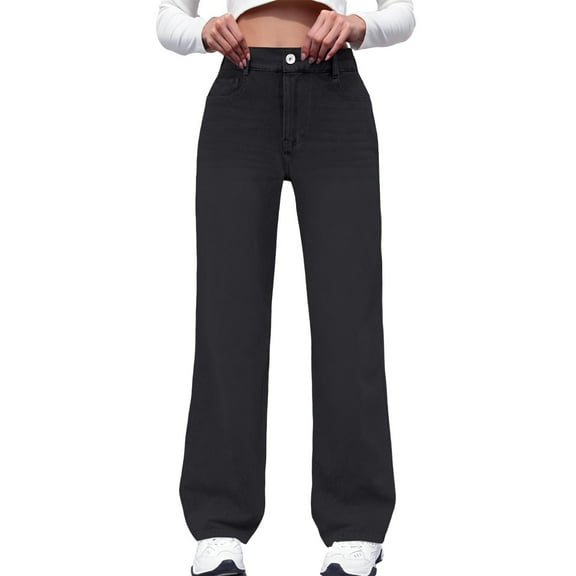 ADSSDQ Sweatpants Jeans Women Soft High Waisted Wide Leg Jeans Plus Size Comfy Boyfriend Denim Sweatpants with Pockets Black L