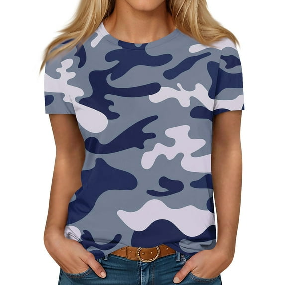 ADSSDQ T Shirt For Women 2024 Short Sleeve Casual Crewneck Graphic T Shirts Camo Pattern Running Tops Womens Blouses Dressy Flowy Casual Teacher Clothes Blue M