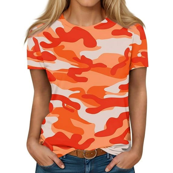 ADSSDQ T Shirts For Women Loose Fit Short Sleeve Womens Dressy Tops Casual O Neck Camouflage Print Summer Blouses Spring Cotton T Shirts Women Travel Clothes Orange S