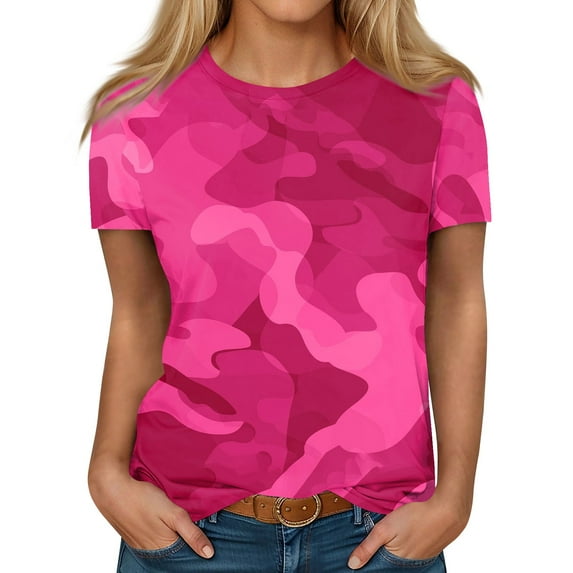 ADSSDQ Tops For Women Summer Short Sleeve Shirts Dressy Casual Fashion Crew Neck Tshirt Camo Pattern Plus Size Tunic Tops Comfy Spring Cute Clothes Red M