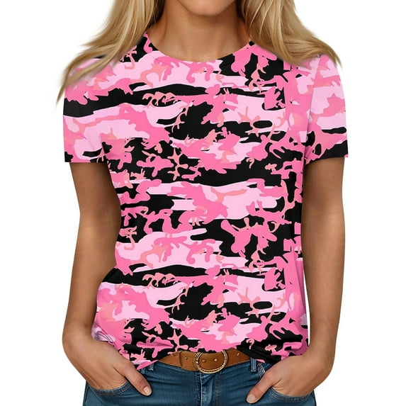 ADSSDQ Tshirt Women Summer Boho Tops Vintage Round Neck Camouflage Tshirts Shirts Short Sleeve Plus Size Blouses For Women Retro Spring Graphic Sweatshirts Wine L