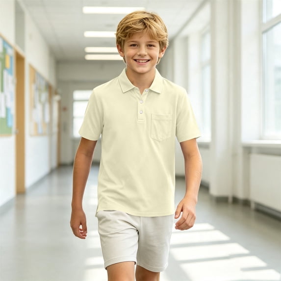 ADSSDQ Uniform Shirts For Boys Girls Short Sleeve Collared Kids Clothes Plain Button-Up Polo Shirts Back To School Uniform Outside Tops 3-12 Years