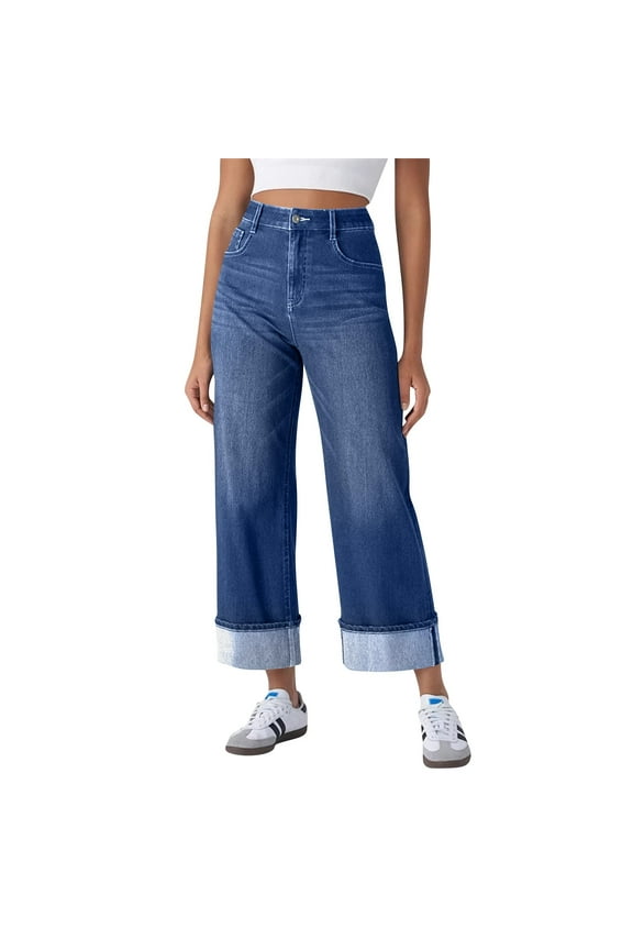 Wide Leg Jeans for Women High Waisted Stretchy Denim Jean Capri Pants Fold Hem Cropped Baggy Jeans with Pockets Blue L