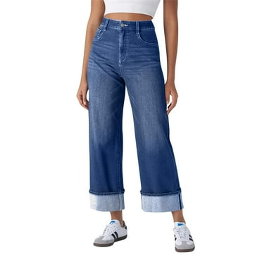 ADSSDQ Wide Leg Jeans for Women Trendy Cropped High Waisted Cuffed Hem Stretchy Boyfriend Capri Jeans with Pockets Blue 2XL