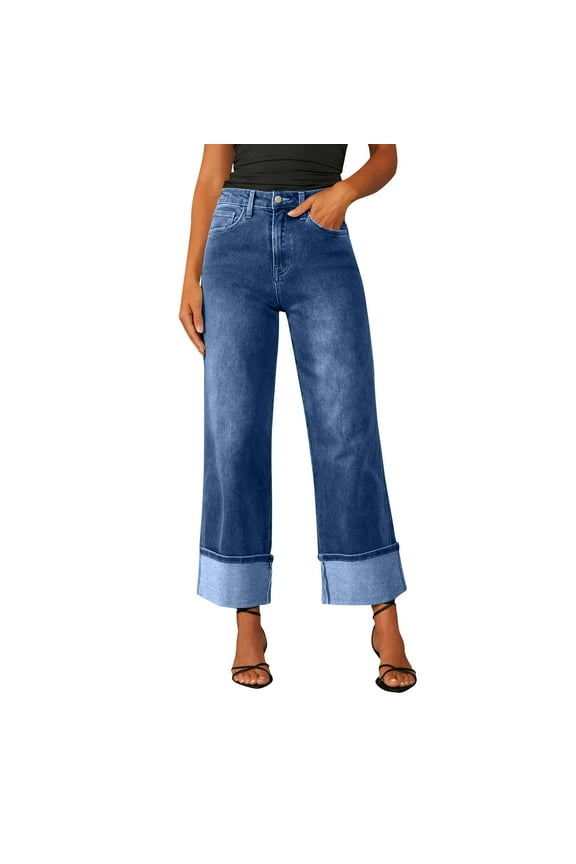 Wide Leg Jeans for Women Trendy High Waisted Flare Jeans Stretchy Straight Leg Cuffed Ankle Denim Pants with Pockets Dark Blue M
