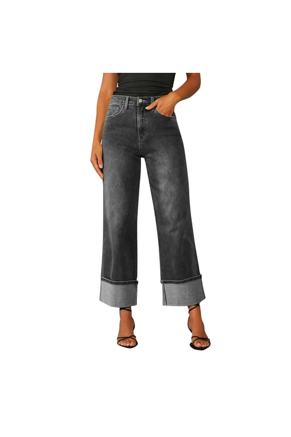 Jeans for Women Wide Leg Baggy High Waist Boyfriends Straight Leg Fold Hem Stretchy Denim Pants Trendy Summer 2025 with Pockets Gray L