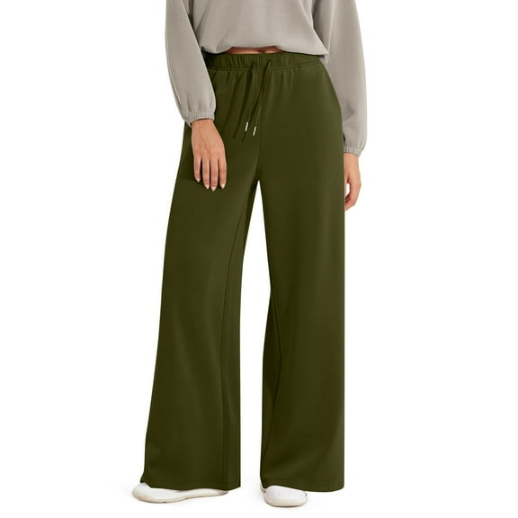 ADSSDQ Wide Leg Sweatpants Women Soft High Waist Pants with Pockets Drawstring Pull-On Casual Pants Dark Green 2XL