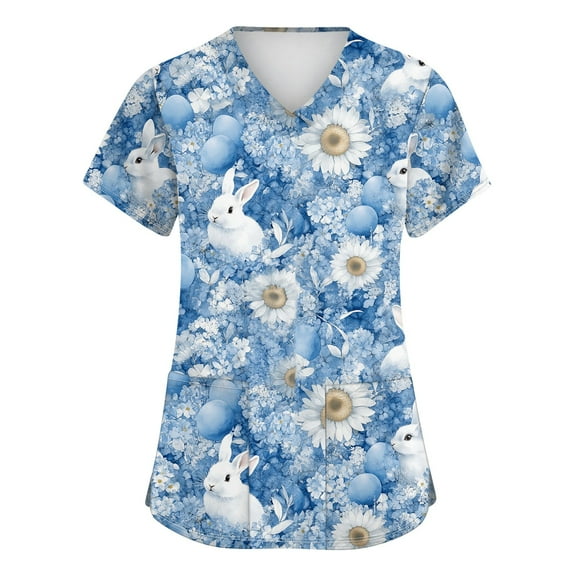 ADSSDQ Women Easter Scrub Tops Short Sleeve V Neck Nurse Working Uniform Soft Stretch Egg Printed Medical Care Shirts Light Blue S