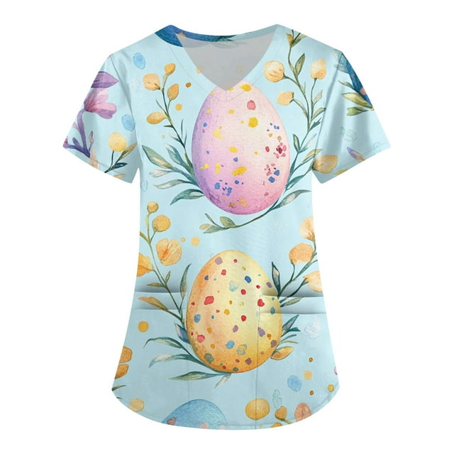 ADSSDQ Women Easter Scrubs Top Short Sleeve Holiday Workwear with Pockets Stretchy V-Neck Medical Scrub Shirts Easter Eggs Bunny Rabbit Printed Working Uniform Light Blue S