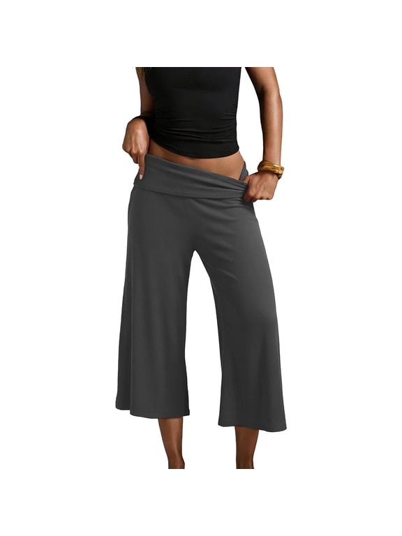 Women Fold Over Gaucho Pants Wide Leg Low Rise Flowy Capri Pants Yoga Lounge Cropped Flare Bottoms Culottes Summer Sweatpants Dark Gray M