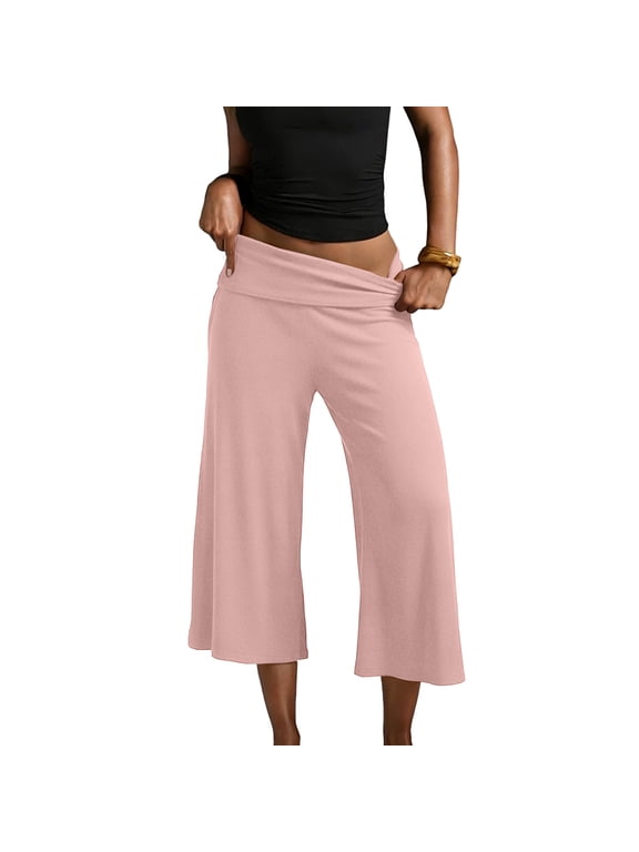 Women Fold Over Gaucho Pants Wide Leg Low Rise Flowy Capri Pants Yoga Lounge Cropped Flare Bottoms Culottes Summer Sweatpants Pink 3XL