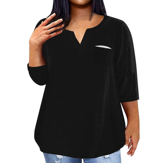 ADSSDQ Women'S Plus Size Summer Tops 3/4 Sleeve Solid Color Graphic T Shirts V-Neck Gym Shirts With Pocket Elbow Length Blouses Loose Casual Fall Beach Clothes Black 4XL