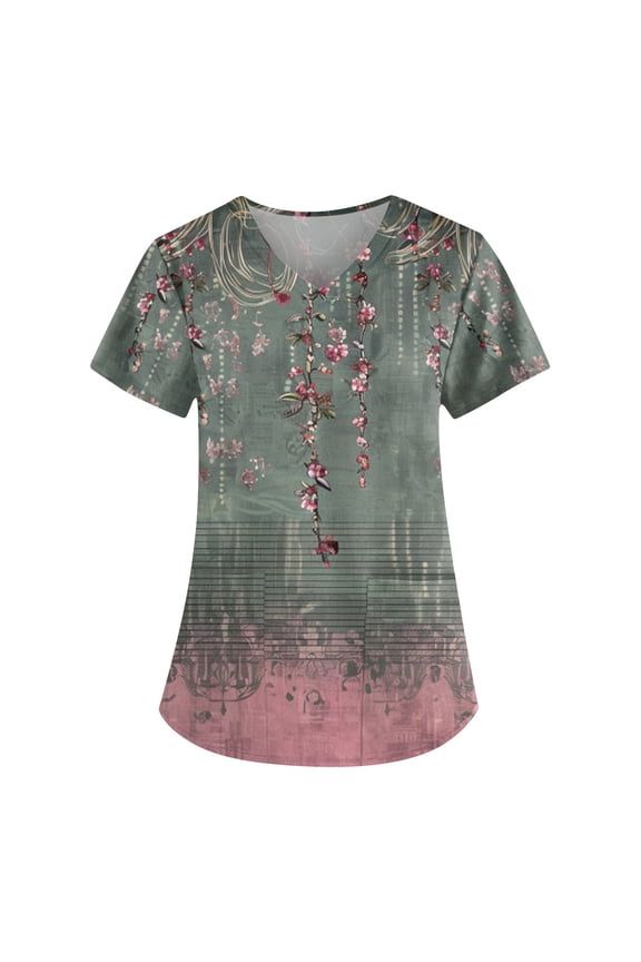 Women Scrub Tops Print Gifts Fashion Floral Print Scrub Tops V Neck Short Sleeve Nursing Tops with Pockets Army Green 4XL