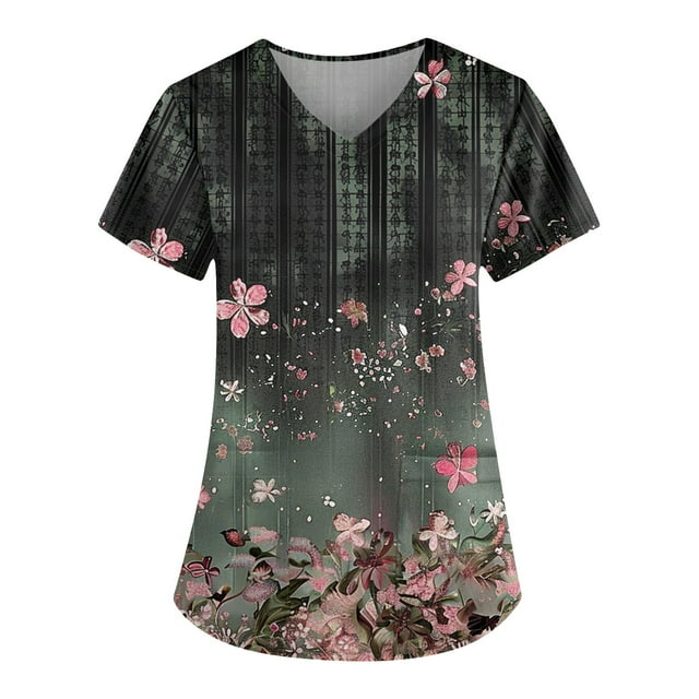 ADSSDQ Women Scrub Tops Print Gifts Fashion Floral Print Scrub Tops V Neck Short Sleeve Nursing Tops with Pockets Army Green L