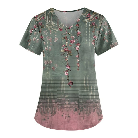 ADSSDQ Women Scrub Tops Print Gifts Fashion Floral Print Scrub Tops V Neck Short Sleeve Nursing Tops with Pockets Army Green L