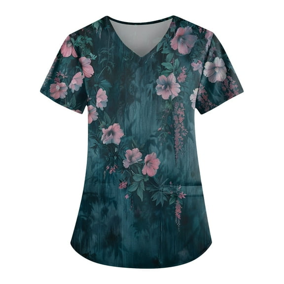 ADSSDQ Women Scrub Tops Print Gifts Fashion Floral Print Scrub Tops V Neck Short Sleeve Nursing Tops with Pockets Cyan 2XL