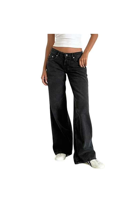 Women Y2k Low Rise Baggy Jeans Loose Fit Boyfriend Straight Wide Leg Jeans Trendy Stretch Long Denim Pants with Pockets Black M