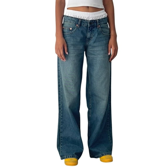 ADSSDQ Women Y2k Low Rise Baggy Jeans Loose Fit Boyfriend Straight Wide Leg Jeans Trendy Stretch Long Denim Pants with Pockets Blue S