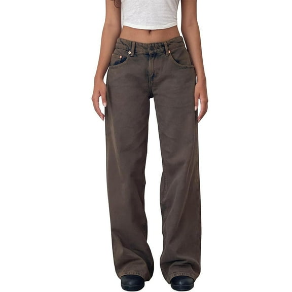 ADSSDQ Women Y2k Low Rise Baggy Jeans Loose Fit Boyfriend Straight Wide Leg Jeans Trendy Stretch Long Denim Pants with Pockets Brown S