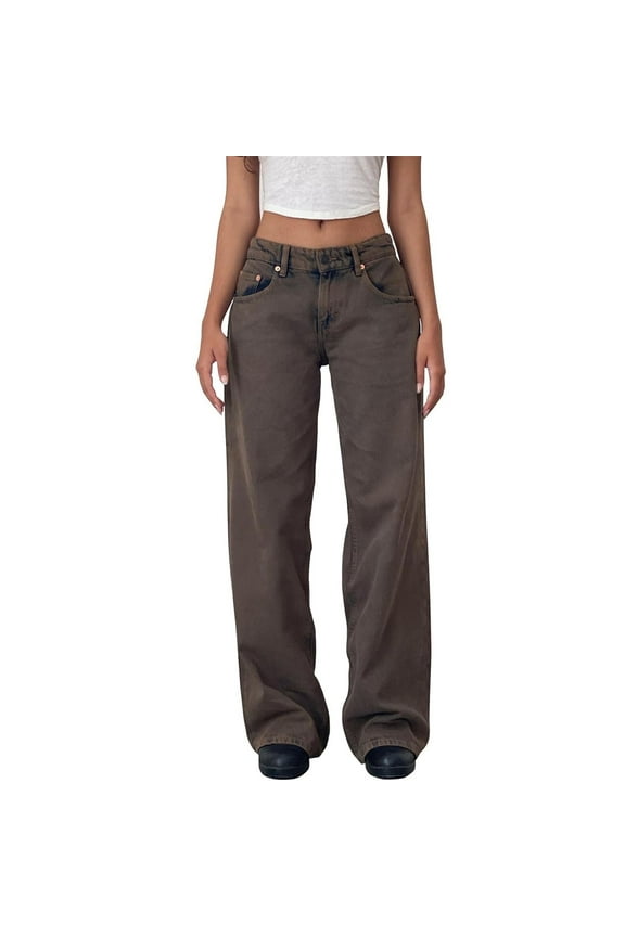 Women Y2k Low Rise Baggy Jeans Loose Fit Boyfriend Straight Wide Leg Jeans Trendy Stretch Long Denim Pants with Pockets Brown S