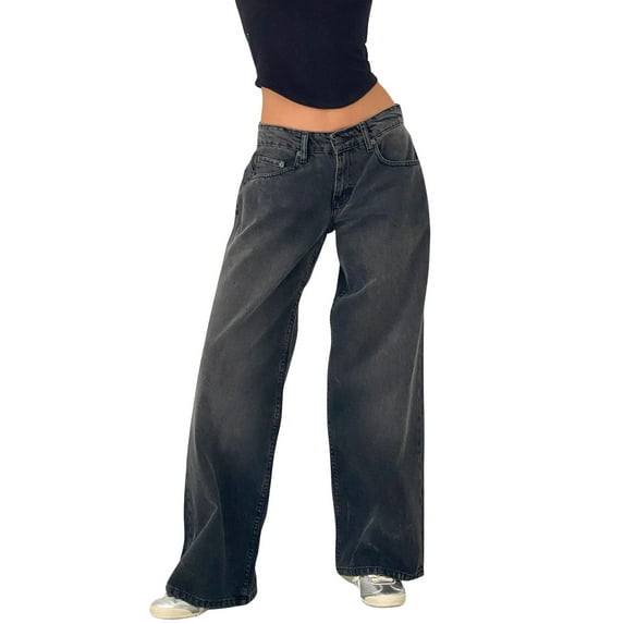 ADSSDQ Women Y2k Low Rise Baggy Jeans Loose Fit Boyfriend Straight Wide Leg Jeans Trendy Stretch Long Denim Pants with Pockets Gray M