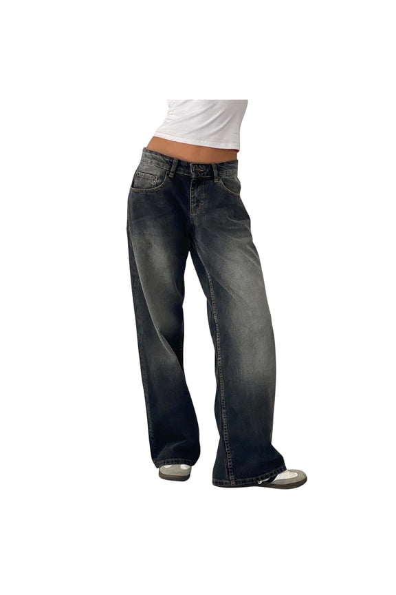 Women Y2k Low Rise Baggy Jeans Loose Fit Boyfriend Straight Wide Leg Jeans Trendy Stretch Long Denim Pants with Pockets Light Gray S