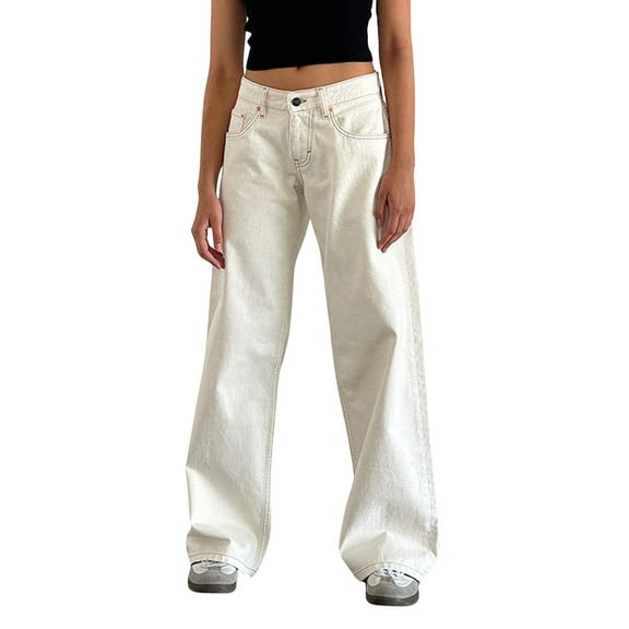 ADSSDQ Women Y2k Low Rise Baggy Jeans Loose Fit Boyfriend Straight Wide Leg Jeans Trendy Stretch Long Denim Pants with Pockets White L