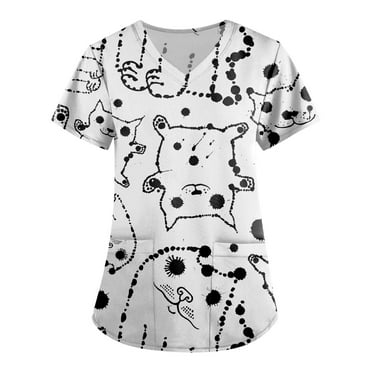 ADSSDQ Women's Casual V Neck Short Sleeve Work Scrub Tops Cute Animal Print Plus Size Tops for Women Nursing Uniforms Workwear Blouse Shirts with Pocket White XL