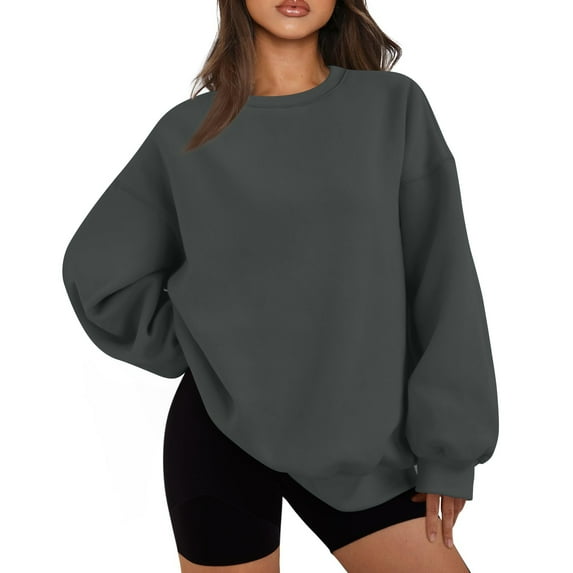 ADSSDQ Women's Crewneck Sweatshirts Drop Shoulder Long Sleeve Comfy Pullover Cute Tops Teen Girls Fall Trendy Clothes Dark Gray S
