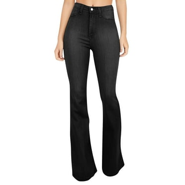 ADSSDQ Women's High Waisted Butt Lifting Stretch Bootcut Jeans Bell Bottom Flare Jeans Stretchy Denim Pants with Pockets Black XL