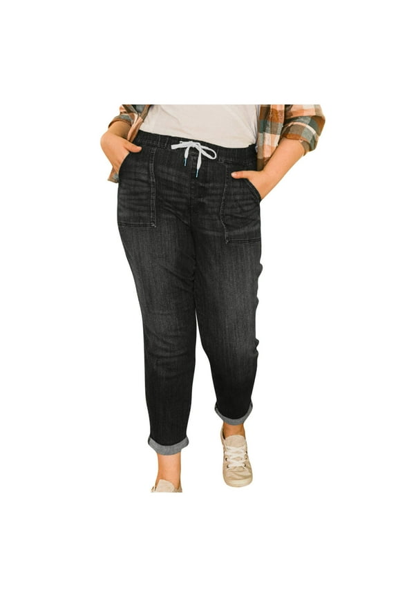 Women's High Waisted Drawstring Jeans Pull On Cargo Joggers Stretchy Boyfriend Baggy Elastic Waist Denim Pants Streetwear with Pockets Dark Blue L