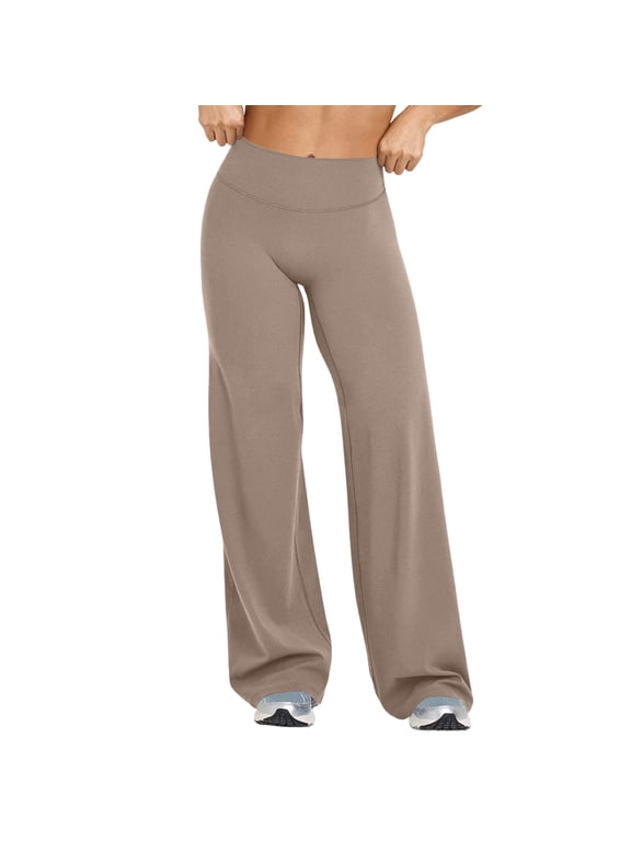 Women's Low Rise Straight Leggings Bottom Workout No Front Seam Wide Leg Solid Color Gym Yoga Pants Beige 2XL